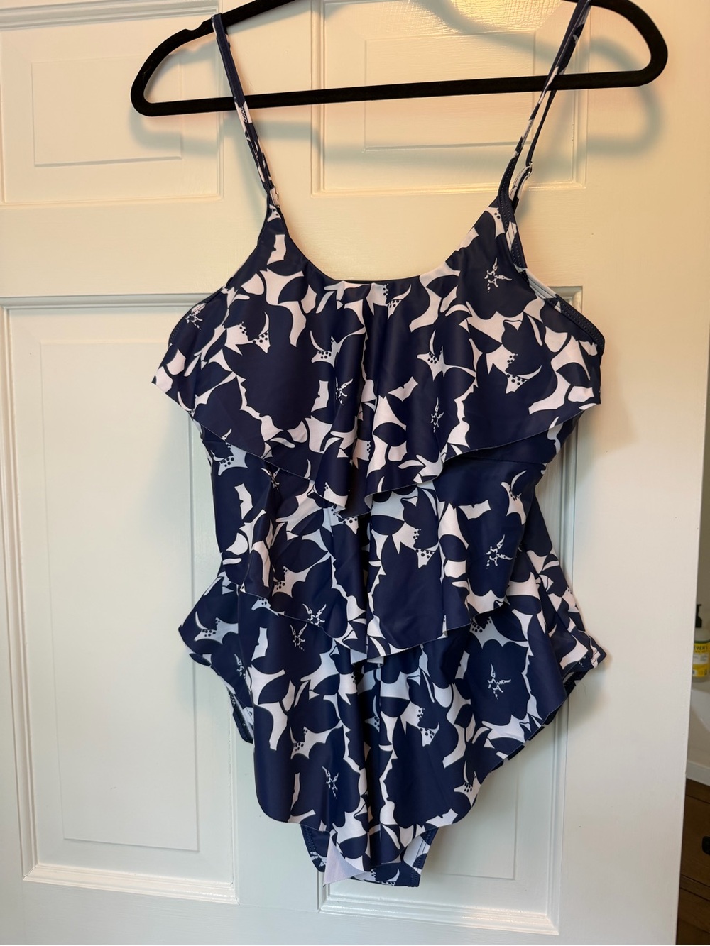 Amazon Women's Navy Blue and White Ruffle One-Piece Swimsuit